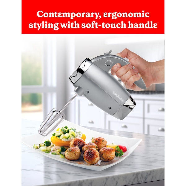 Betty Crocker Hand Blender 7 Speed, 250 Watt Electric Mixer with Beaters and Dough Hooks, Silver - BC-4208S