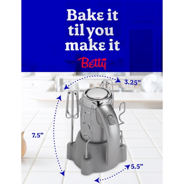 Betty Crocker Hand Blender 7 Speed, 250 Watt Electric Mixer with Beaters and Dough Hooks, Silver - BC-4208S