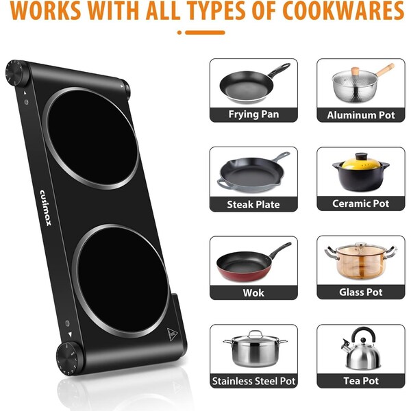 Cusimax Ceramic Double Burner, Portable Infrared Burner, Electric Cooktop, Black - CMIP-B180B