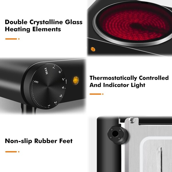 Cusimax Ceramic Double Burner, Portable Infrared Burner, Electric Cooktop, Black - CMIP-B180B