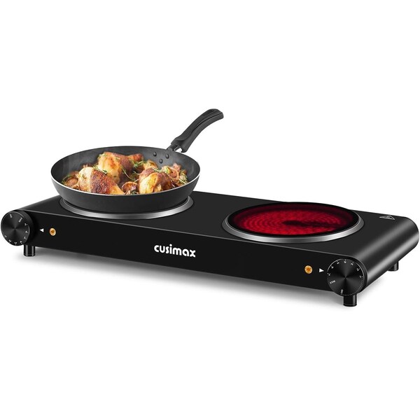 Cusimax Ceramic Double Burner, Portable Infrared Burner, Electric Cooktop, Black - CMIP-B180B