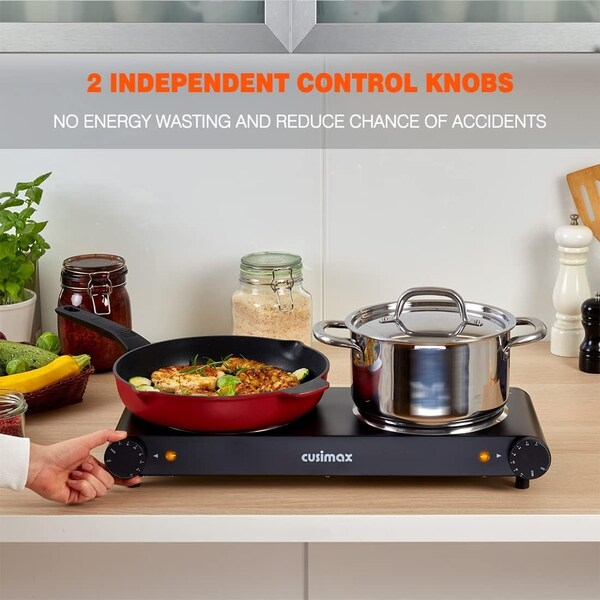 Cusimax Ceramic Double Burner, Portable Infrared Burner, Electric Cooktop, Black - CMIP-B180B