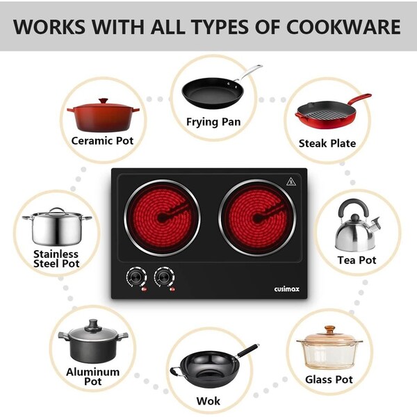 Cusimax 1800W Ceramic Electric Hot Plate, Dual Control Infrared Cooktop, Black - CMIP-C180B