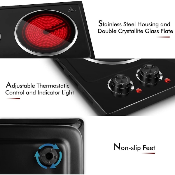 Cusimax 1800W Ceramic Electric Hot Plate, Dual Control Infrared Cooktop, Black - CMIP-C180B