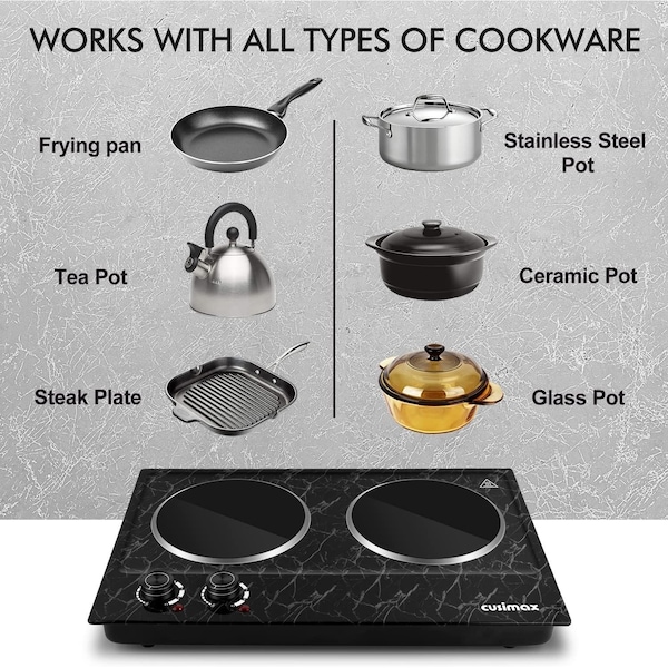 Cusimax Electric Double Hot Plate, Infrared Ceramic Electric Cooktopl, Black Marble - CMIP-C180-BS