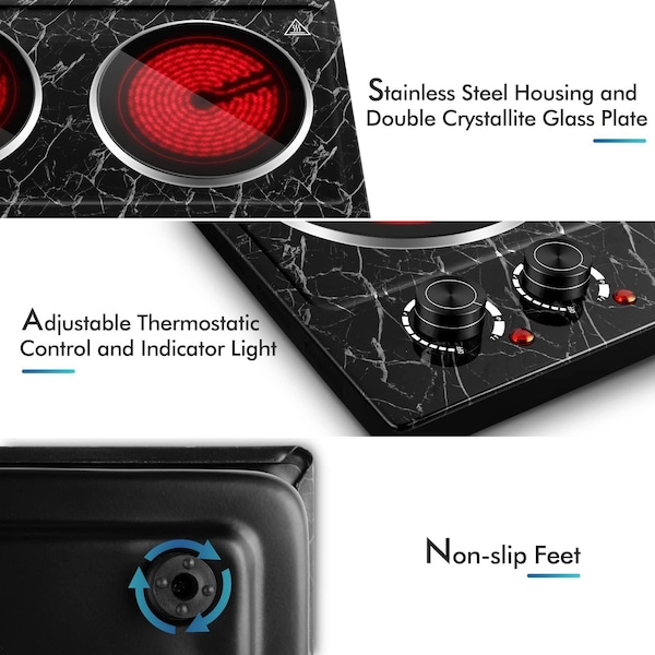 Cusimax Electric Double Hot Plate, Infrared Ceramic Electric Cooktopl, Black Marble - CMIP-C180-BS