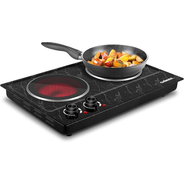 Cusimax Electric Double Hot Plate, Infrared Ceramic Electric Cooktopl, Black Marble - CMIP-C180-BS