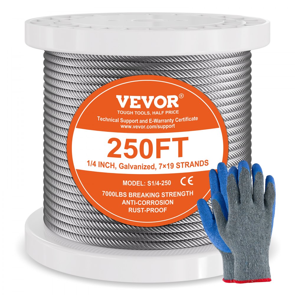 VEVOR Carbon Steel Cable 1/4" 7x19 Strands Steel Wire Rope 250 ft Cable Railing - DXGSSDXQT14I95RCZV0