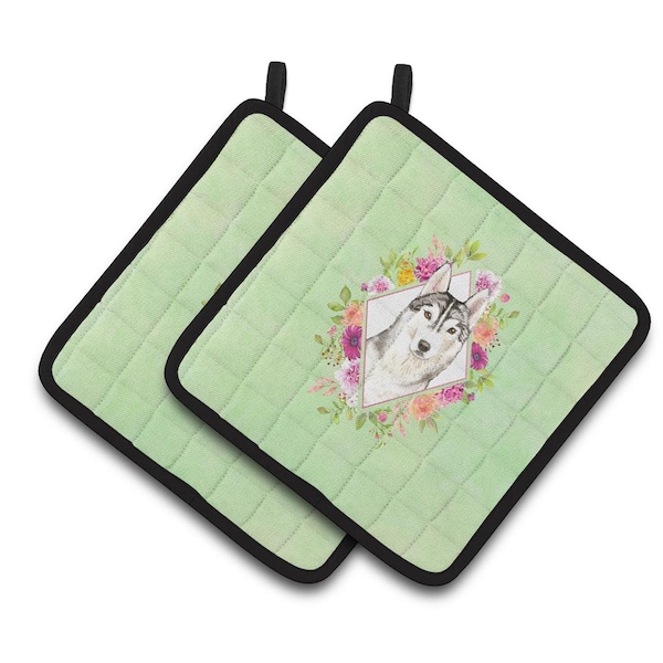 Carolines Treasures 7.5 x 7.5 in. Siberian Husky Green Flowers Pair of Pot Holders - CK4370PTHD