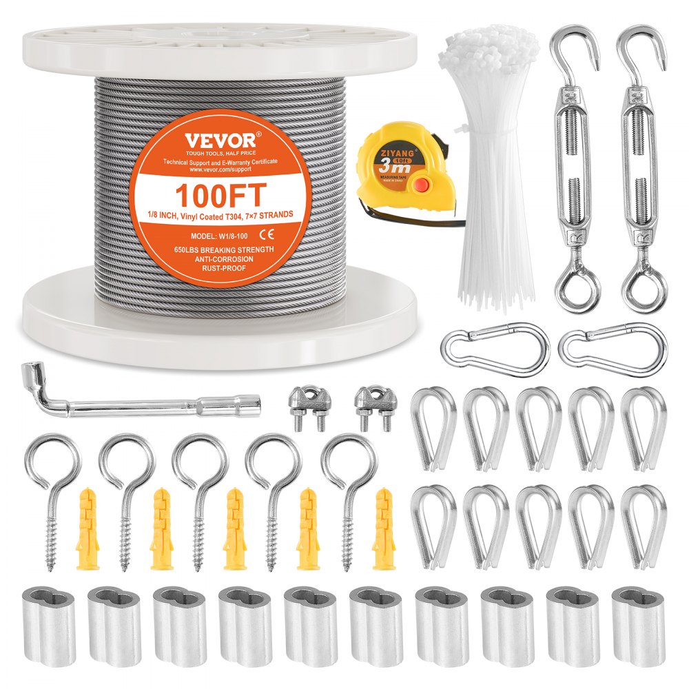 VEVOR T304 Stainless Steel Cable 1/8" 7x7 Steel Wire Rope 100 ft Cable Railing - PSGSSPS304182HJXJV0