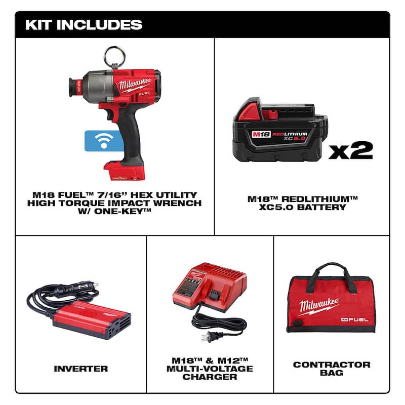 Milwaukee M18 FUEL ONE-KEY 18V Llave de Impacto Inalámbrica sin escobillas de Litio-Ion de 7/16 pulgadas de Alto Torque con Kit de baterías (2) y Bolsa de Herramientas - 2865-22