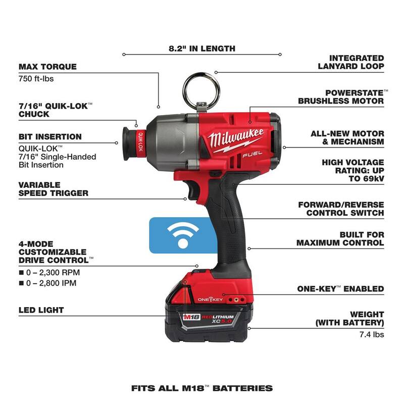 Milwaukee M18 FUEL ONE-KEY 18V Llave de Impacto Inalámbrica sin escobillas de Litio-Ion de 7/16 pulgadas de Alto Torque con Kit de baterías (2) y Bolsa de Herramientas - 2865-22