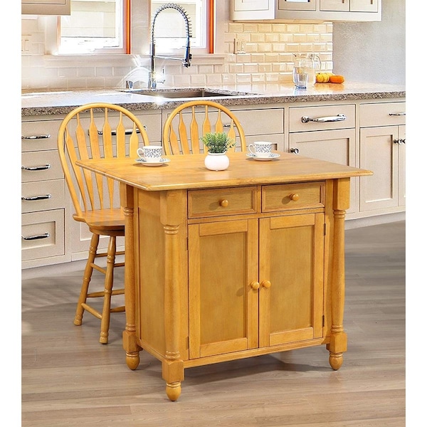 Fine-Line Drop Leaf Kitchen Island Set with 2 Swivel Stools Drawers &amp; Storage - Light Oak 3 Piece - FI2494938