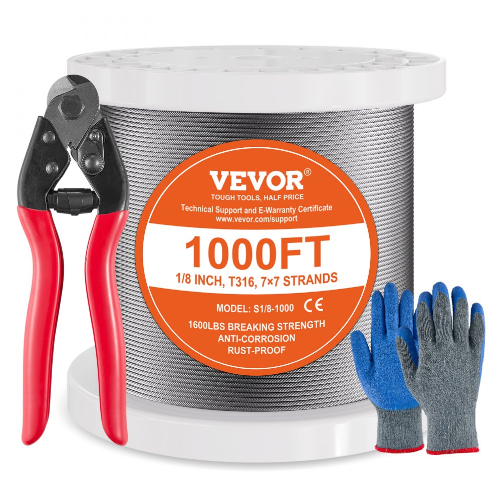 VEVOR T316 Stainless Steel Cable 1/8" 7x7 Steel Wire Rope 1000 ft Cable Railing - BXGGSSBXG3163WG03V0