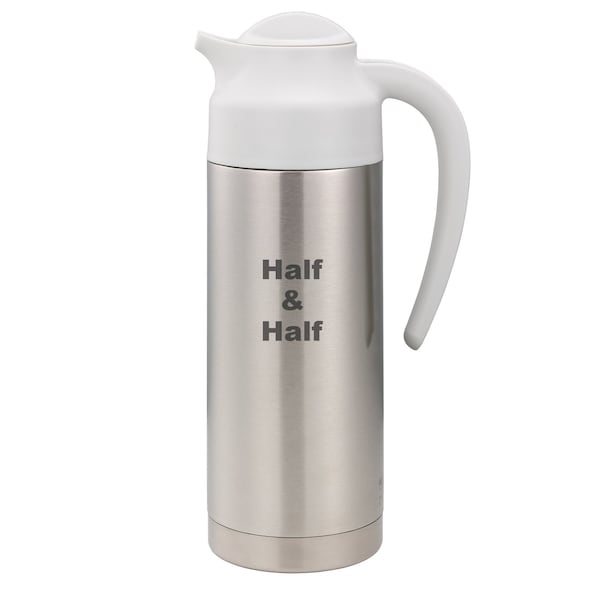 Service Ideas SteelVac Creamer, Etched Half & Half, Vacuum Insulated Carafe, Stainless Vacuum, 1 Liter - S2SN100HHETWHT