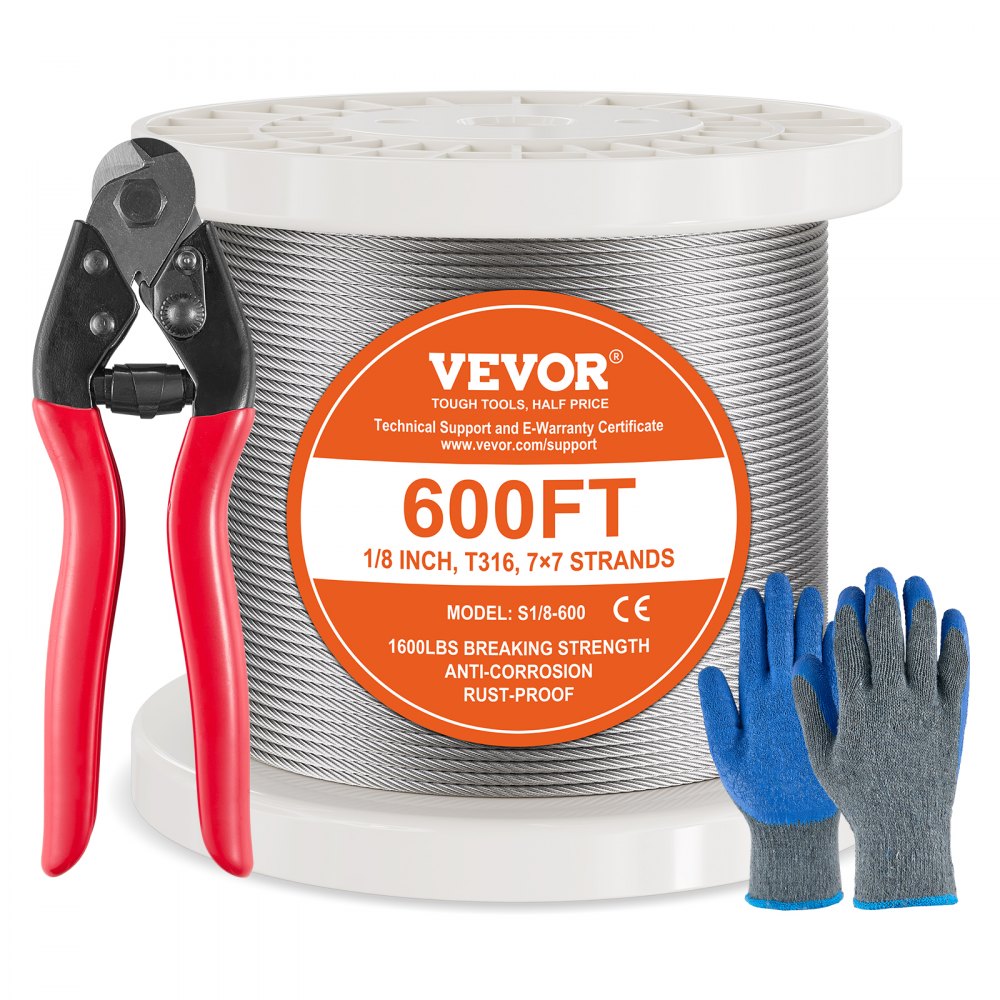 VEVOR T316 Stainless Steel Cable 1/8" 7x7 Steel Wire Rope 600 ft Cable Railing - BXGGSSBXG3160WC09V0