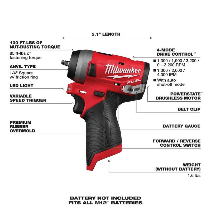 Llave de impacto inalámbrica y sin escobillas Milwaukee M12 FUEL de 12V de 1/4 pulgadas (sólo herramienta) - 2552-20