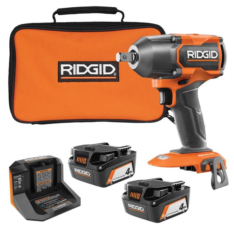 Llave de Impacto de Medio Torque Inalámbrica sin Escobillas RIDGID de 18V con 4 Modos de 1/2 pulg. con Anillo de Fricción con (2) Baterías de 4Ah, Cargador y Bolsa - R86012B-AC93044SBN
