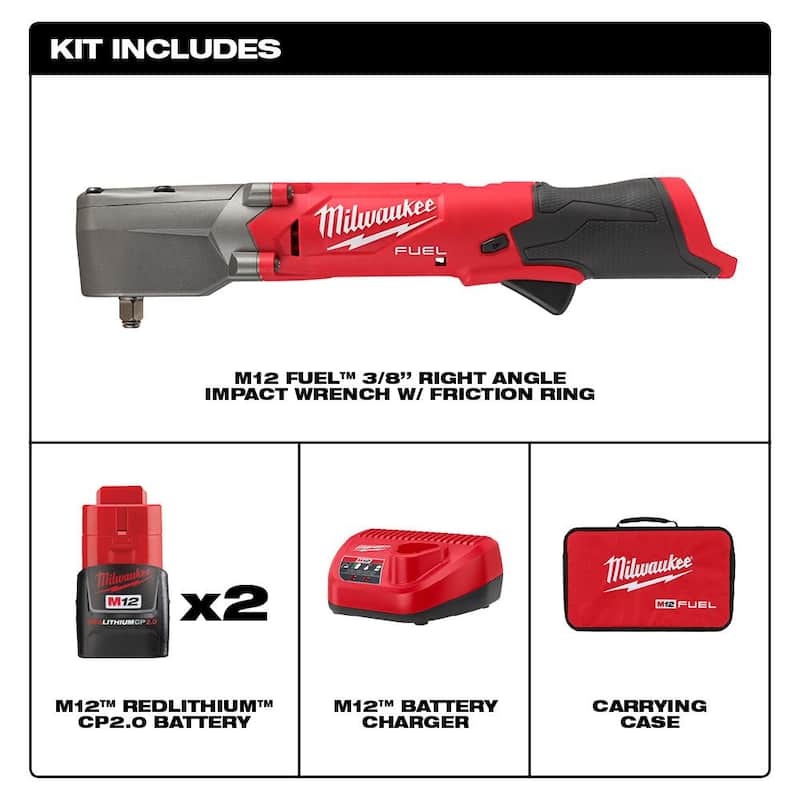 Milwaukee M12 FUEL 12V Llave de Impacto Angular Recta sin Escobillas Inalámbrica de 3/8 pulg. con Kit de Dos Baterías de 2.0 Ah - 2564-22.