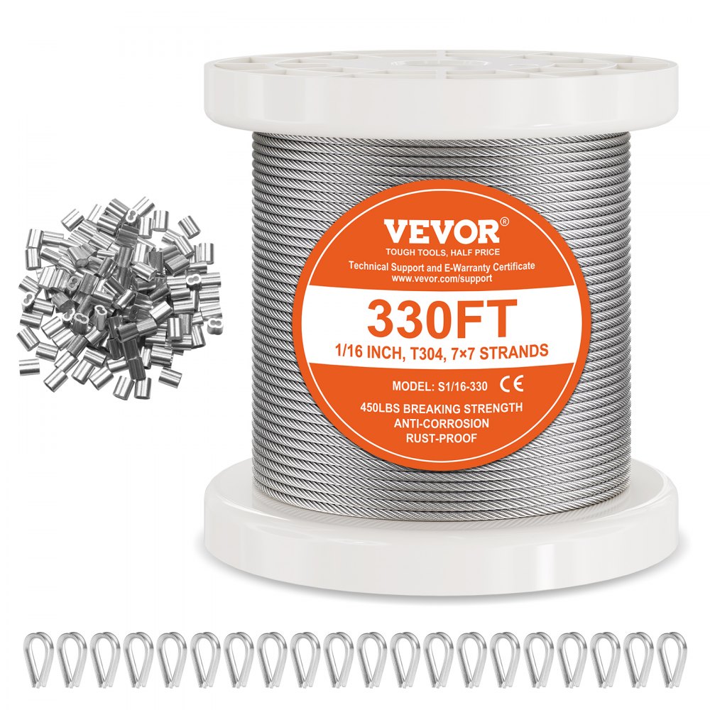 VEVOR T304 Stainless Steel Cable 1/16" 7x7 Steel Wire Rope 330 ft Cable Railing - BXGGSS330FTBMD4CEV0