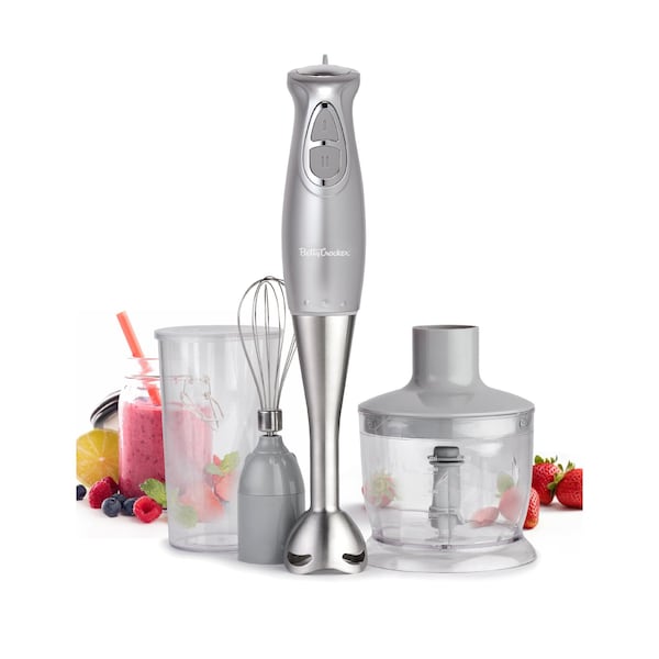 Betty Crocker Immersion Blender, 2-Speed, Stainless Steel Blade, Beaker & Whisk, 250W, Silver - BC-4306S