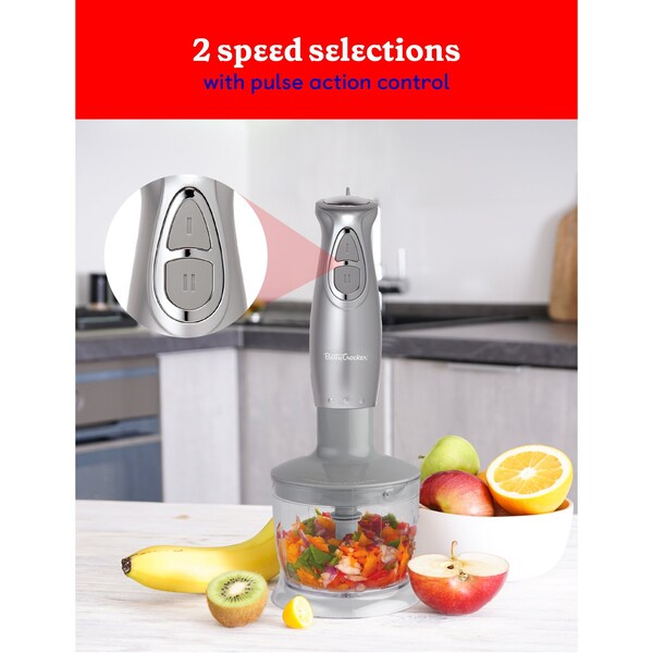 Betty Crocker Immersion Blender, 2-Speed, Stainless Steel Blade, Beaker & Whisk, 250W, Silver - BC-4306S
