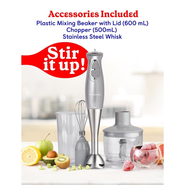 Betty Crocker Immersion Blender, 2-Speed, Stainless Steel Blade, Beaker & Whisk, 250W, Silver - BC-4306S