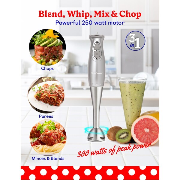Betty Crocker Immersion Blender, 2-Speed, Stainless Steel Blade, Beaker & Whisk, 250W, Silver - BC-4306S