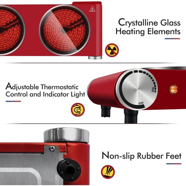Cusimax Ceramic Double Burner, 1800W Portable Infrared Burner, Red - CMIP-B180R