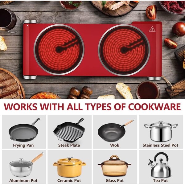 Cusimax Ceramic Double Burner, 1800W Portable Infrared Burner, Red - CMIP-B180R