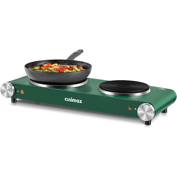Cusimax Electric Double Burner, Cast Iron Hot Plate, Portable Countertop Cooktop, Green - CMHP-B201G