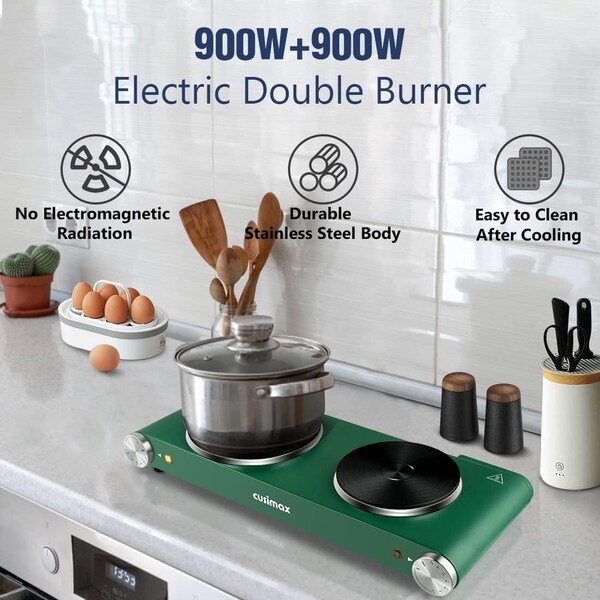 Cusimax Electric Double Burner, Cast Iron Hot Plate, Portable Countertop Cooktop, Green - CMHP-B201G