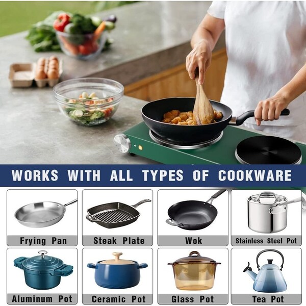 Cusimax Electric Double Burner, Cast Iron Hot Plate, Portable Countertop Cooktop, Green - CMHP-B201G