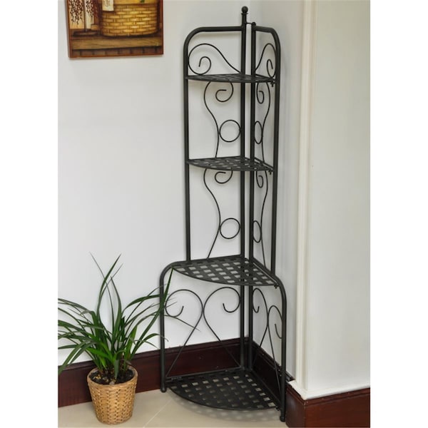 International Caravan Mandalay Iron Folding Corner Bakers Rack, Antique Black - 3465-ANT-BK