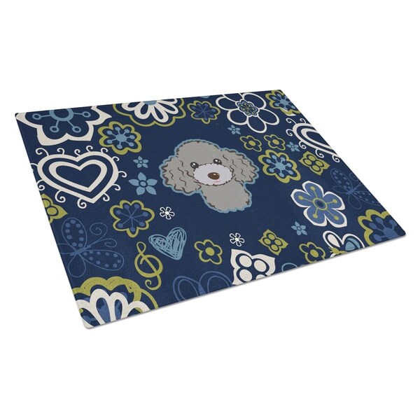 Carolines Treasures Blue Flowers Silver Gray Poodle Glass Cutting Board Large - BB5110LCB