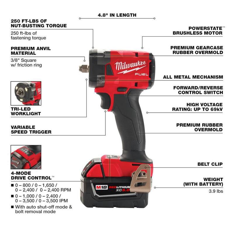 Llave de Impacto Compacta Inalámbrica Milwaukee M18 FUEL 18V Lithium-Ion Brushless de 3/8 pulgadas con Anillo de Fricción, Kit con Baterías Resistentes - 2854-22R