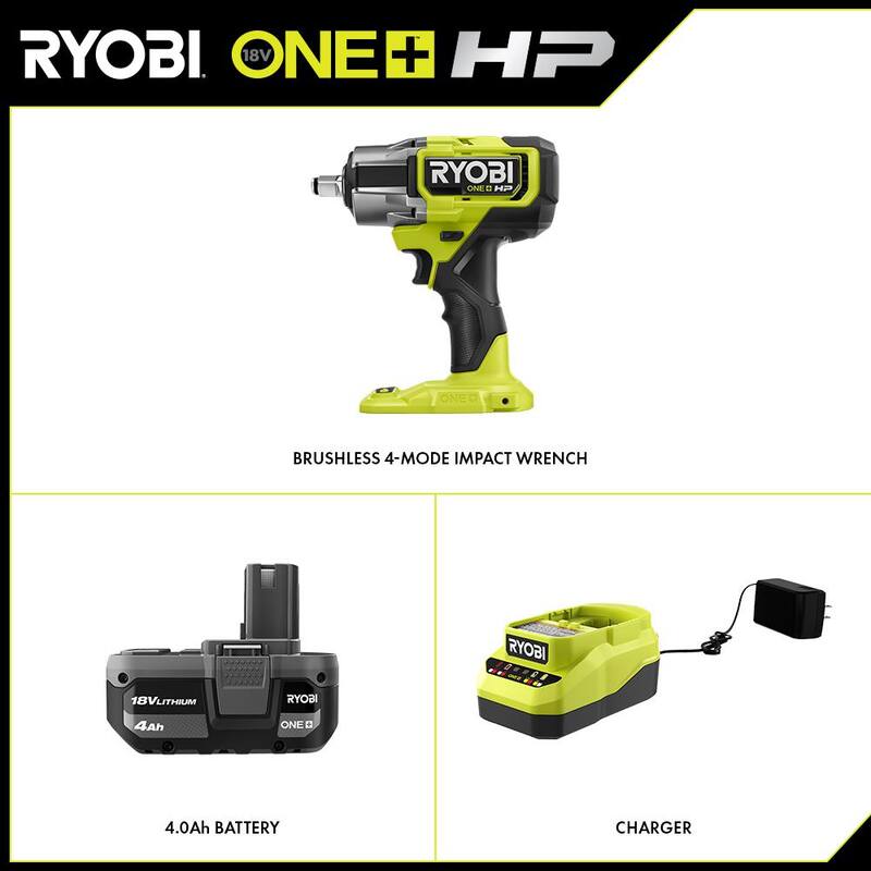 RYOBI ONE+ HP 18V Llave de impacto inalámbrica sin escobillas de 4 modos de 1/2 pulgadas con kit de batería de iones de litio de alto rendimiento de 4.0 Ah y cargador - P262K1