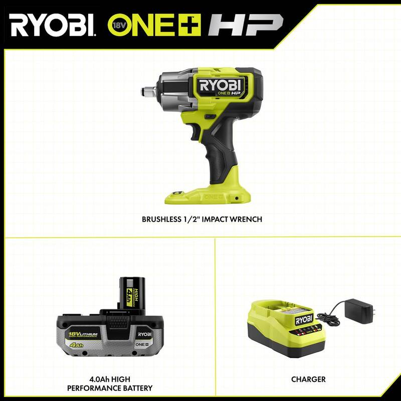 RYOBI ONE+ HP 18V Llave de impacto inalámbrica sin escobillas de 4 modos de 1/2 pulgadas con kit de batería de iones de litio de alto rendimiento de 4.0 Ah y cargador - P262K1