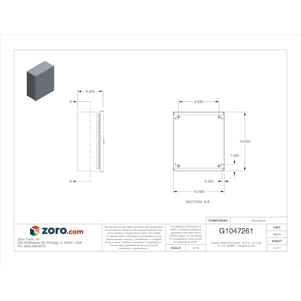 Wiegmann Carbon Steel Electrical Enclosures, 14 in H, 6 in D, 12 in W, NEMA 1, Hinged - N1C121406