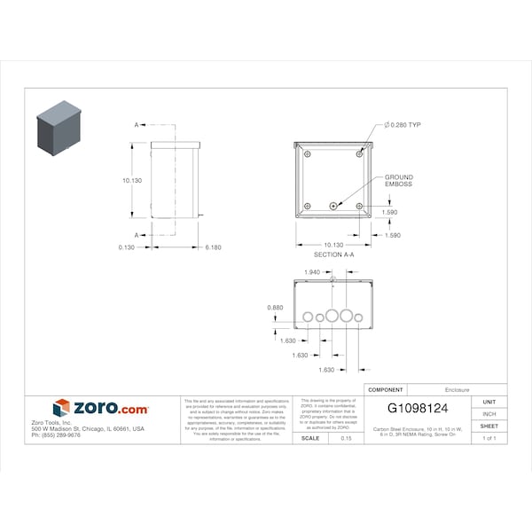 Wiegmann Carbon Steel Electrical Enclosures, 10 in H, 6 in D, 10 in W, NEMA 3R, Screw On - RSC101006