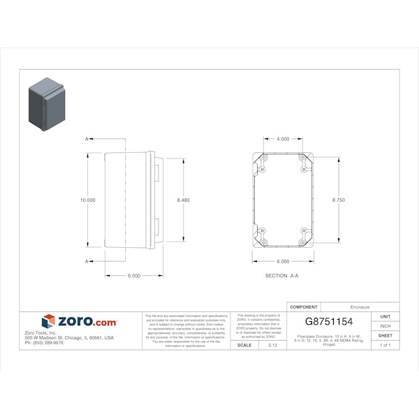 Nvent Hoffman Fiberglass Electrical Enclosures, 10 in H, 6 in D, 6 in W, NEMA 4X, Hinged - A1066JFGR
