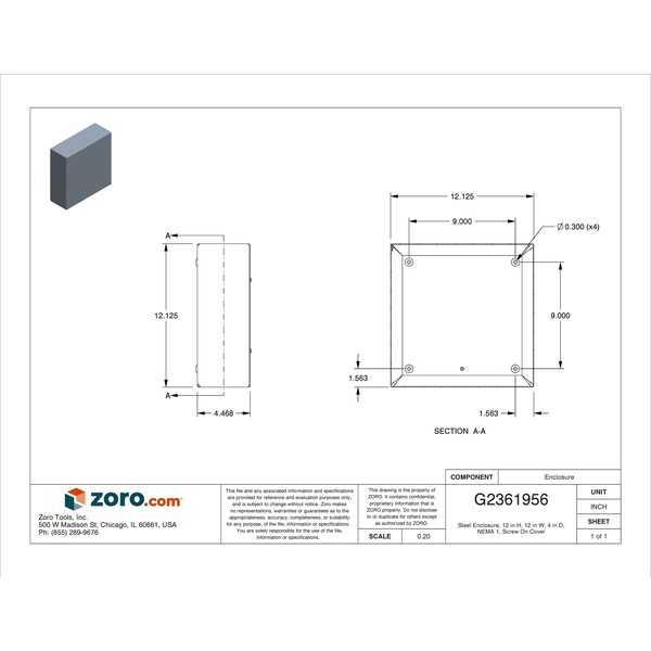 Wiegmann Carbon Steel Electrical Enclosures, 12 in H, 4 in D, 12 in W, NEMA 1, Screw On - SC121204GNK