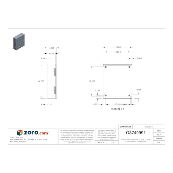Nvent Hoffman Steel Electrical Enclosures, 14 in H, 4 in D, 12 in W, NEMA 1, Hinged - A14N124