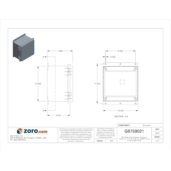 Nvent Hoffman Non-Glass Filed Polyester Electrical Enclosures, 10.05 in H, 6.38 in D, 10 in W, NEMA 4X - A10106PHC
