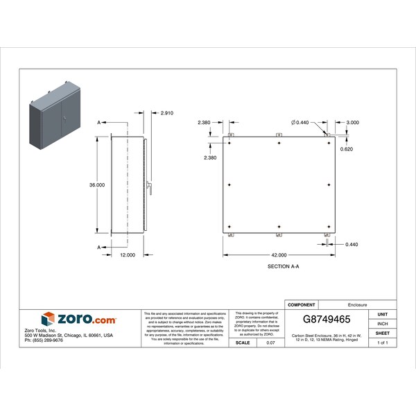 Nvent Hoffman Carbon Steel Electrical Enclosures, 36 in H, 12 in D, 42 in W, NEMA 12, Hinged - A364212WFLP