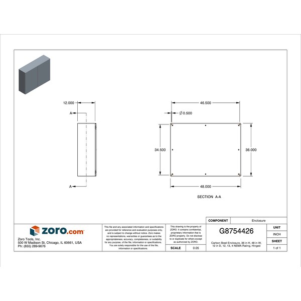 Nvent Hoffman Steel Electrical Enclosures, 36 in H, 12 in D, 48 in W, NEMA 4, 12, Hinged - CTD364812
