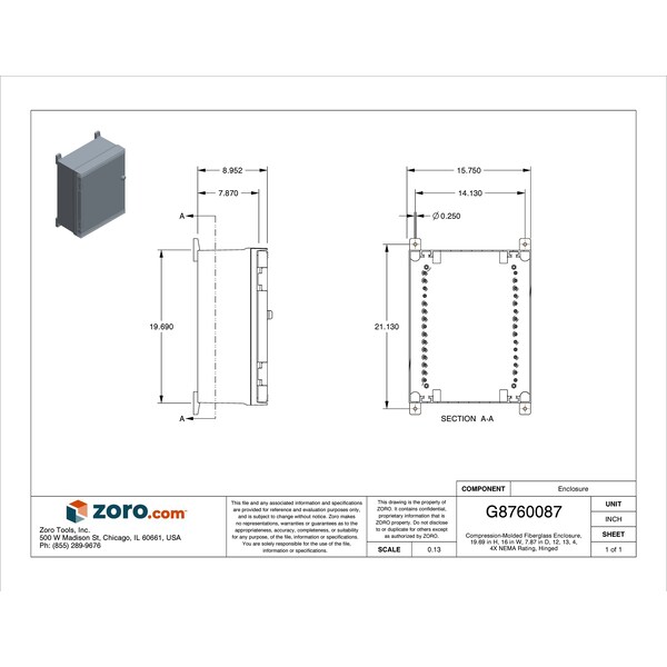 Nvent Hoffman Fiberglass Electrical Enclosures, 19.69 in H, 7.87 in D, 16 in W, NEMA 4X, Hinged - UU504020