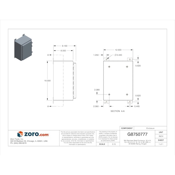 Nvent Hoffman 304 Stainless Steel Electrical Enclosures, 16 in H, 8 in D, 12 in W, NEMA 4X, Hinged - A16H1208SSLP