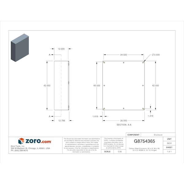 Nvent Hoffman Mild Steel Electrical Enclosures, 42 in H, 12 in D, 36 in W, NEMA 4, 12, Hinged - CSD423612