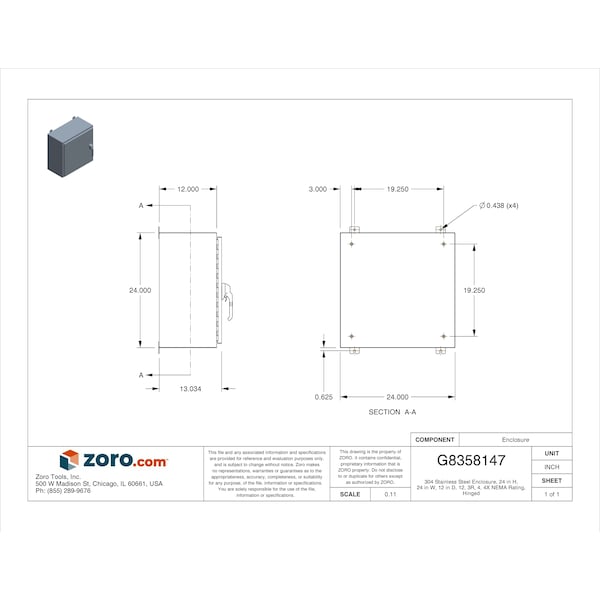 Wiegmann 304 Stainless Steel Electrical Enclosures, 24 in H, 12 in D, 24 in W, NEMA 4X, Hinged - SSN42424123PT